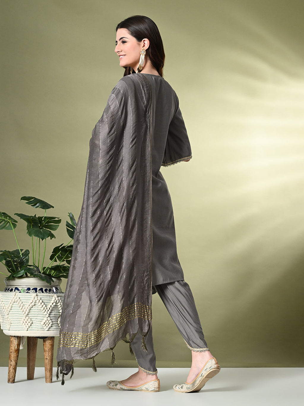 Myshka Women's Solid V-Neck Bell Sleeves Kurta & Dhoti Pants With Dupatta Sets in Grey Color