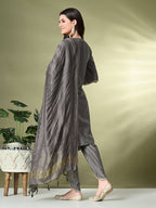Myshka Women's Solid V-Neck Bell Sleeves Kurta & Dhoti Pants With Dupatta Sets in Grey Color