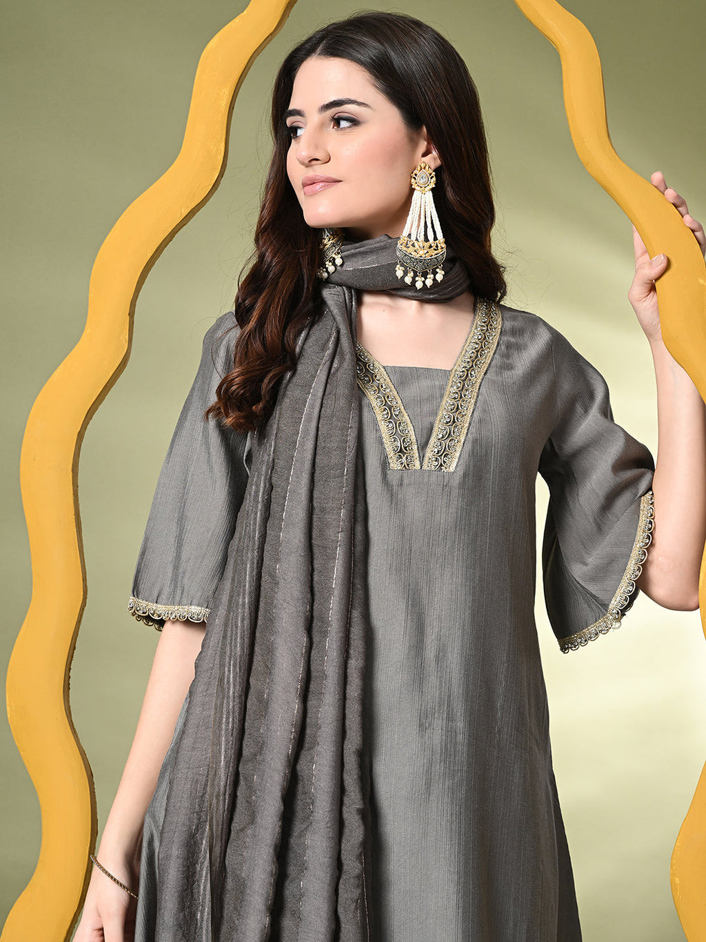Myshka Women's Solid V-Neck Bell Sleeves Kurta & Dhoti Pants With Dupatta Sets in Grey Color