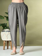 Myshka Women's Solid V-Neck Bell Sleeves Kurta & Dhoti Pants With Dupatta Sets in Grey Color