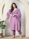 Myshka Women's Embroidered V-Neck Bell Sleeves Kurta & Salwar With Dupatta Sets in Lavender Color