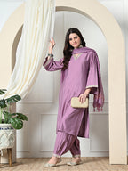 Myshka Women's Embroidered V-Neck Bell Sleeves Kurta & Salwar With Dupatta Sets in Lavender Color