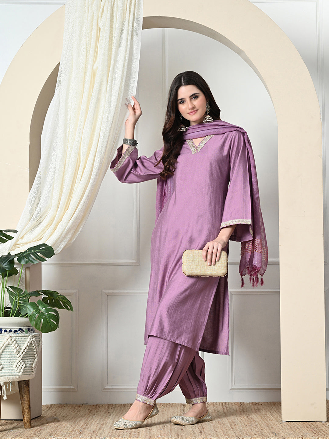Myshka Women's Embroidered V-Neck Bell Sleeves Kurta & Salwar With Dupatta Sets in Lavender Color
