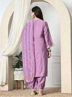 Myshka Women's Embroidered V-Neck Bell Sleeves Kurta & Salwar With Dupatta Sets in Lavender Color