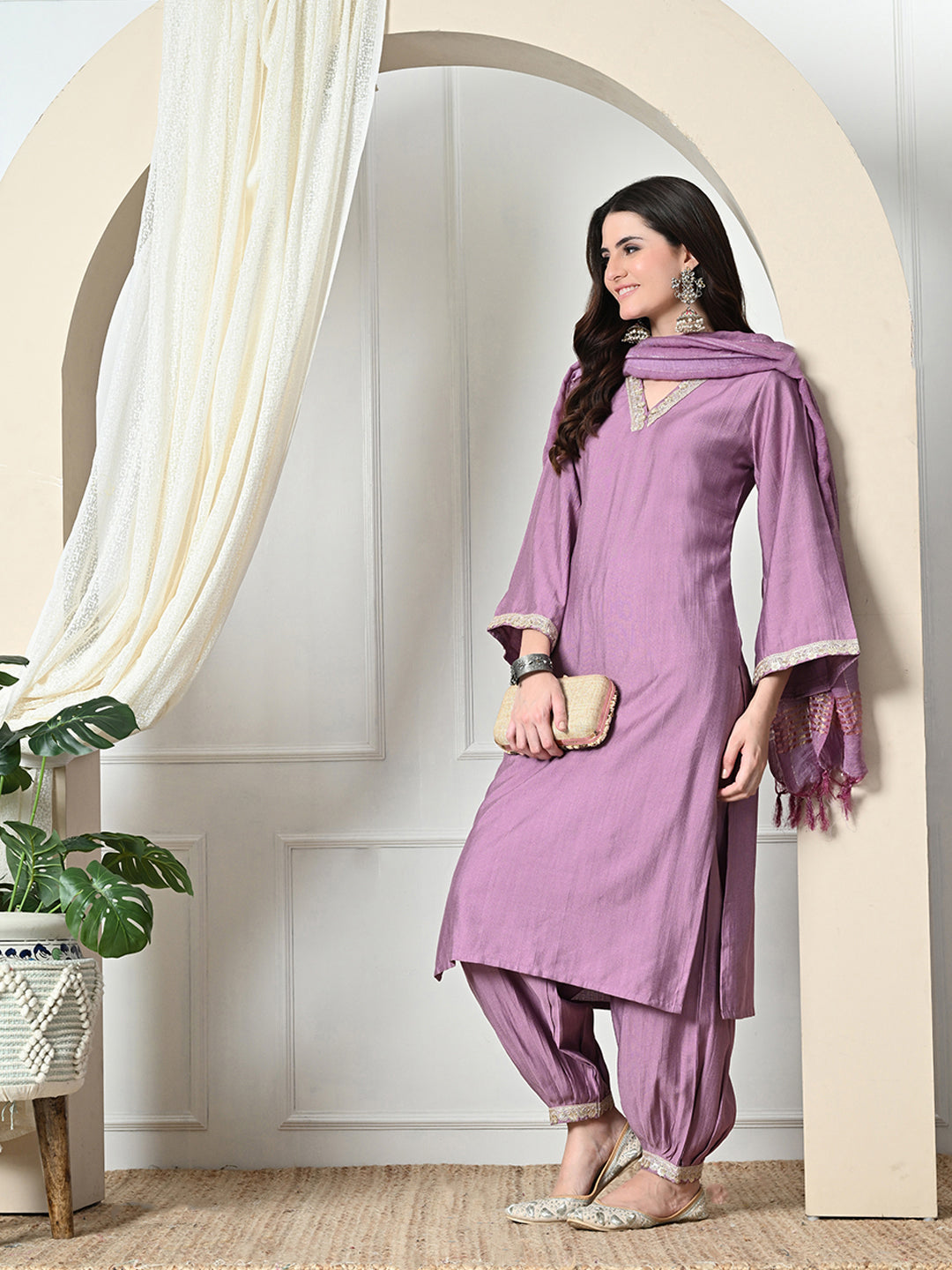 Myshka Women's Embroidered V-Neck Bell Sleeves Kurta & Salwar With Dupatta Sets in Lavender Color