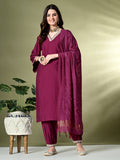 Myshka Women's Embroidered V-Neck Bell Sleeves Kurta & Salwar With Dupatta Sets in Magenta Color