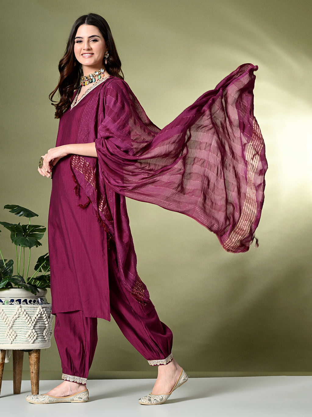 Myshka Women's Embroidered V-Neck Bell Sleeves Kurta & Salwar With Dupatta Sets in Magenta Color