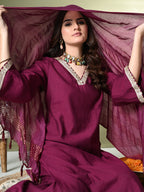 Myshka Women's Embroidered V-Neck Bell Sleeves Kurta & Salwar With Dupatta Sets in Magenta Color