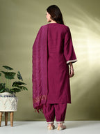 Myshka Women's Embroidered V-Neck Bell Sleeves Kurta & Salwar With Dupatta Sets in Magenta Color