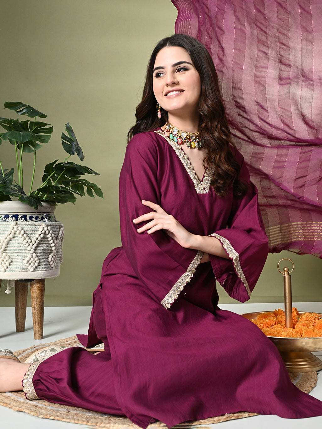 Myshka Women's Embroidered V-Neck Bell Sleeves Kurta & Salwar With Dupatta Sets in Magenta Color