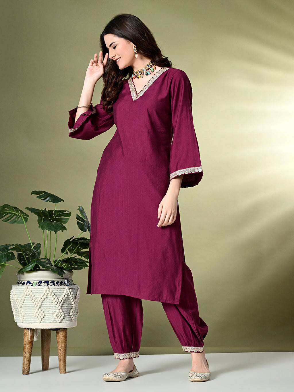 Myshka Women's Embroidered V-Neck Bell Sleeves Kurta & Salwar With Dupatta Sets in Magenta Color