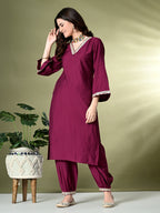 Myshka Women's Embroidered V-Neck Bell Sleeves Kurta & Salwar With Dupatta Sets in Magenta Color