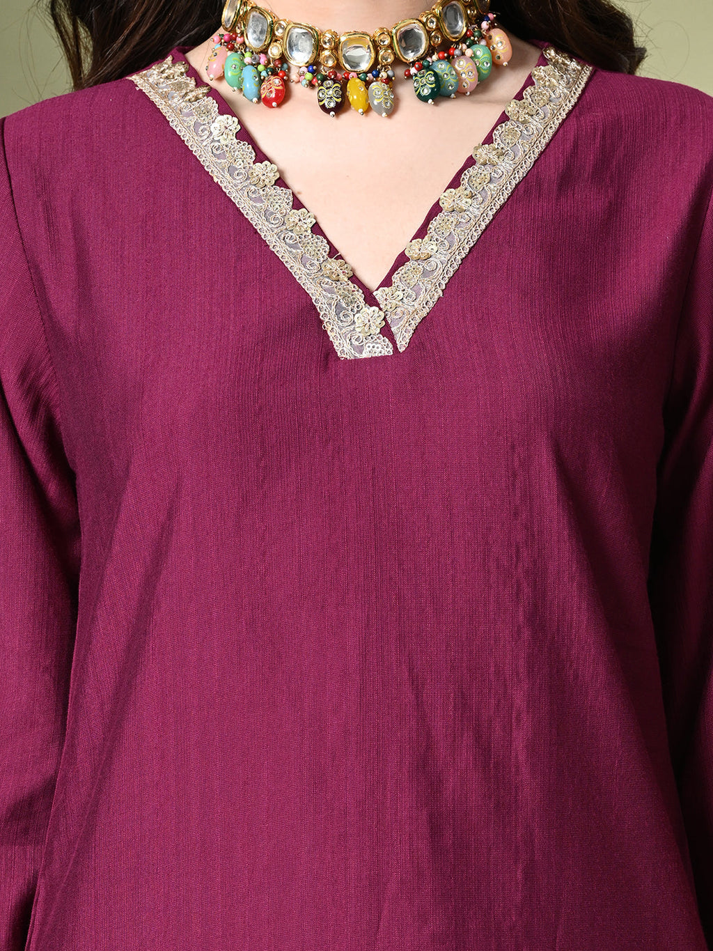 Myshka Women's Embroidered V-Neck Bell Sleeves Kurta & Salwar With Dupatta Sets in Magenta Color
