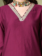 Myshka Women's Embroidered V-Neck Bell Sleeves Kurta & Salwar With Dupatta Sets in Magenta Color