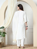 Myshka Women's Embroidered V-Neck Bell Sleeves Kurta & Dhoti Pants With Dupatta Sets in White Color