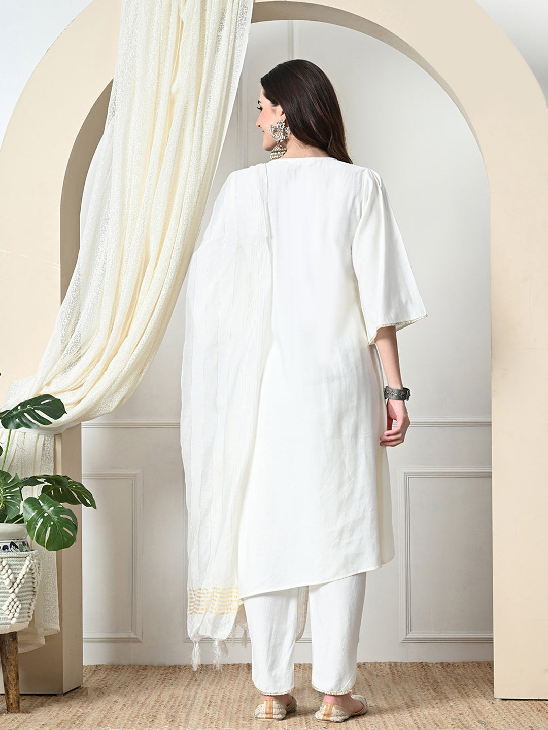 Myshka Women's Embroidered V-Neck Bell Sleeves Kurta & Dhoti Pants With Dupatta Sets in White Color