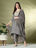 Myshka Women's Embroidered V-Neck Bell Sleeves Kurta & Dhoti Pants With Dupatta Sets in Grey Color