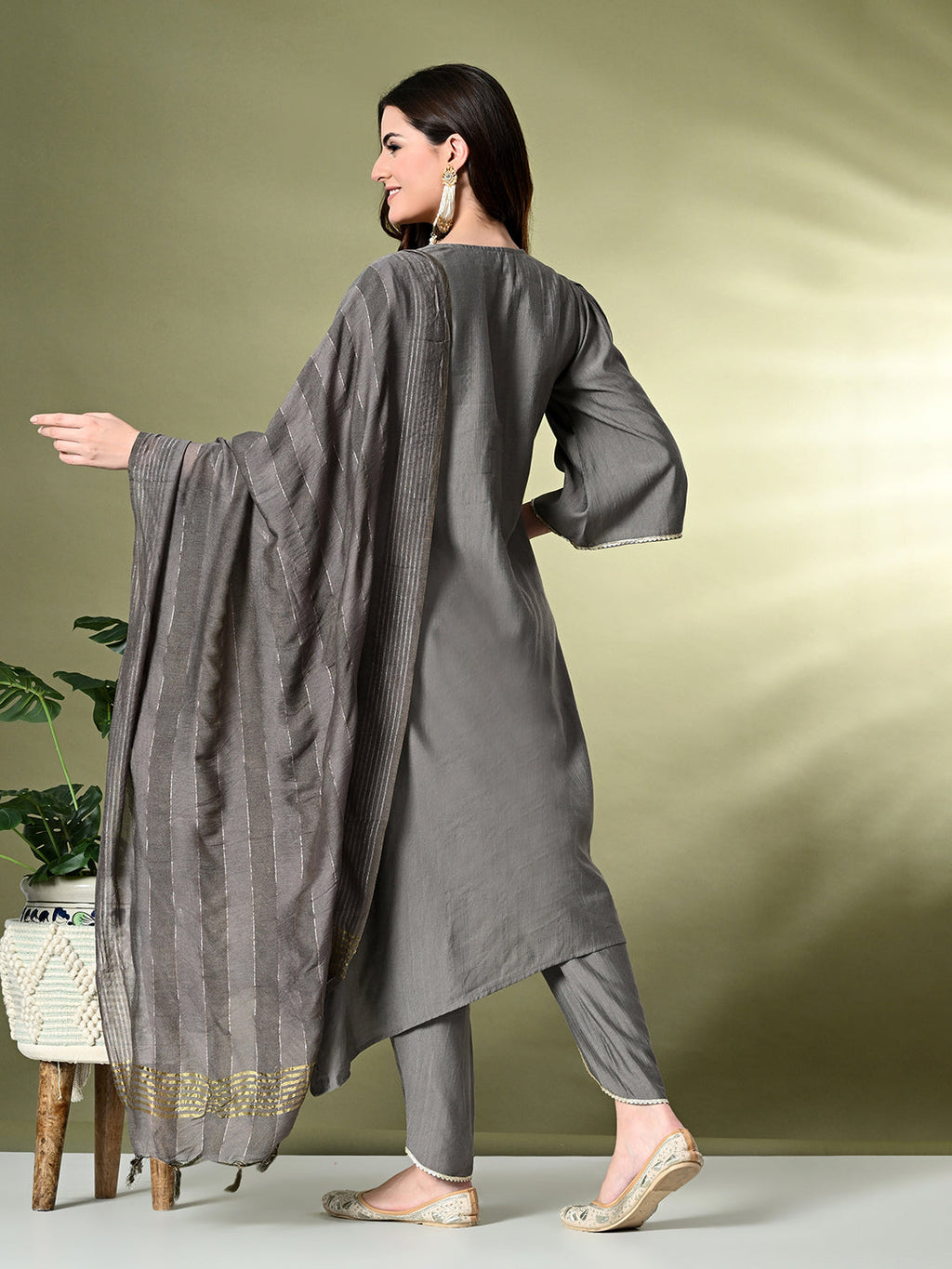 Myshka Women's Embroidered V-Neck Bell Sleeves Kurta & Dhoti Pants With Dupatta Sets in Grey Color