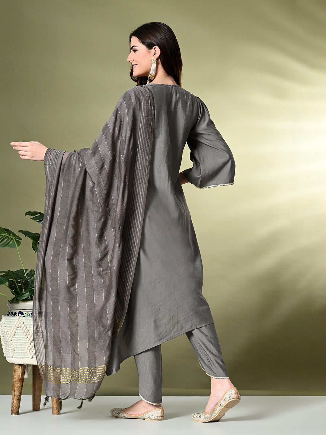 Myshka Women's Embroidered V-Neck Bell Sleeves Kurta & Dhoti Pants With Dupatta Sets in Grey Color