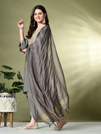 Myshka Women's Embroidered V-Neck Bell Sleeves Kurta & Dhoti Pants With Dupatta Sets in Grey Color