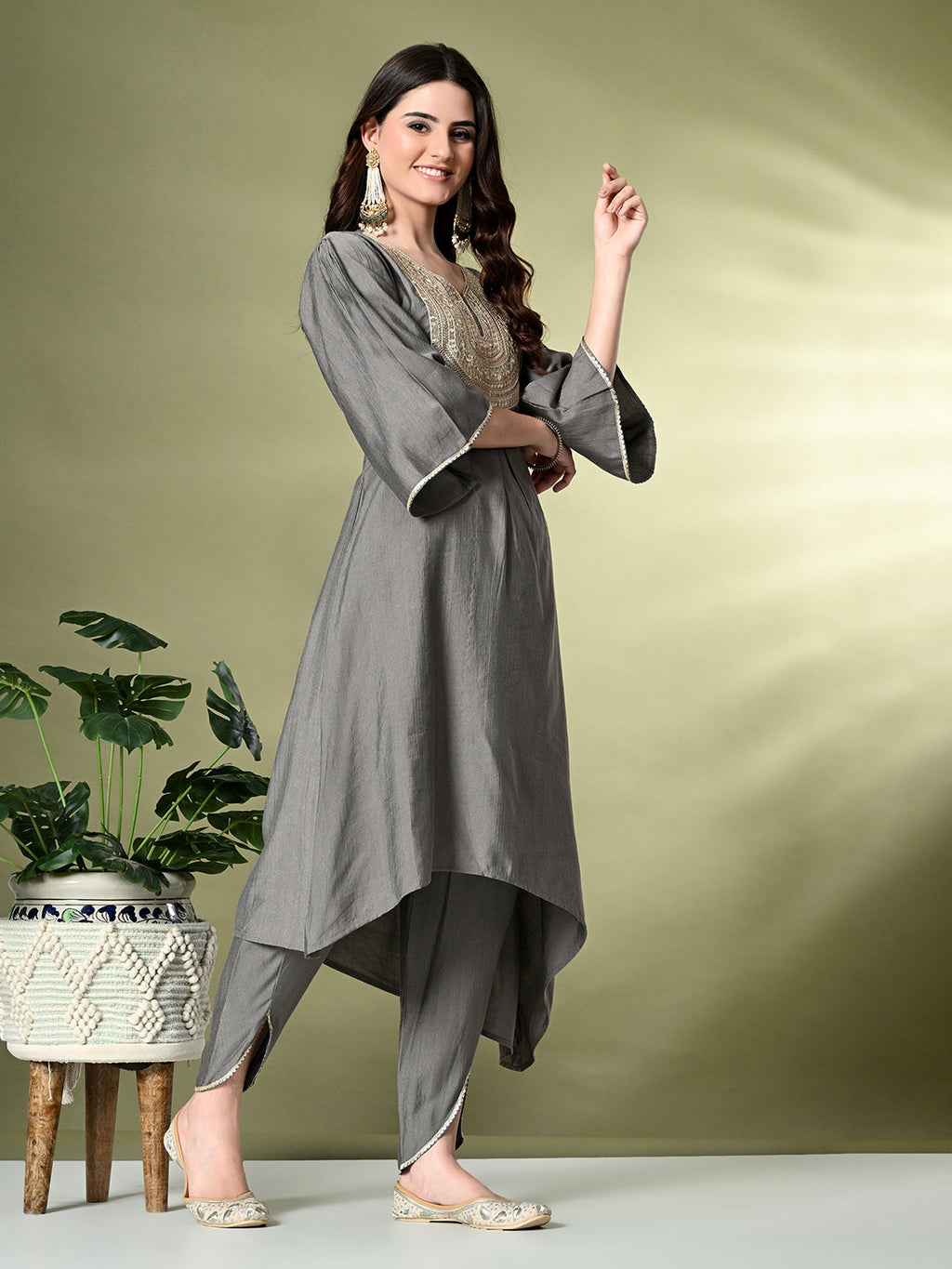 Myshka Women's Embroidered V-Neck Bell Sleeves Kurta & Dhoti Pants With Dupatta Sets in Grey Color