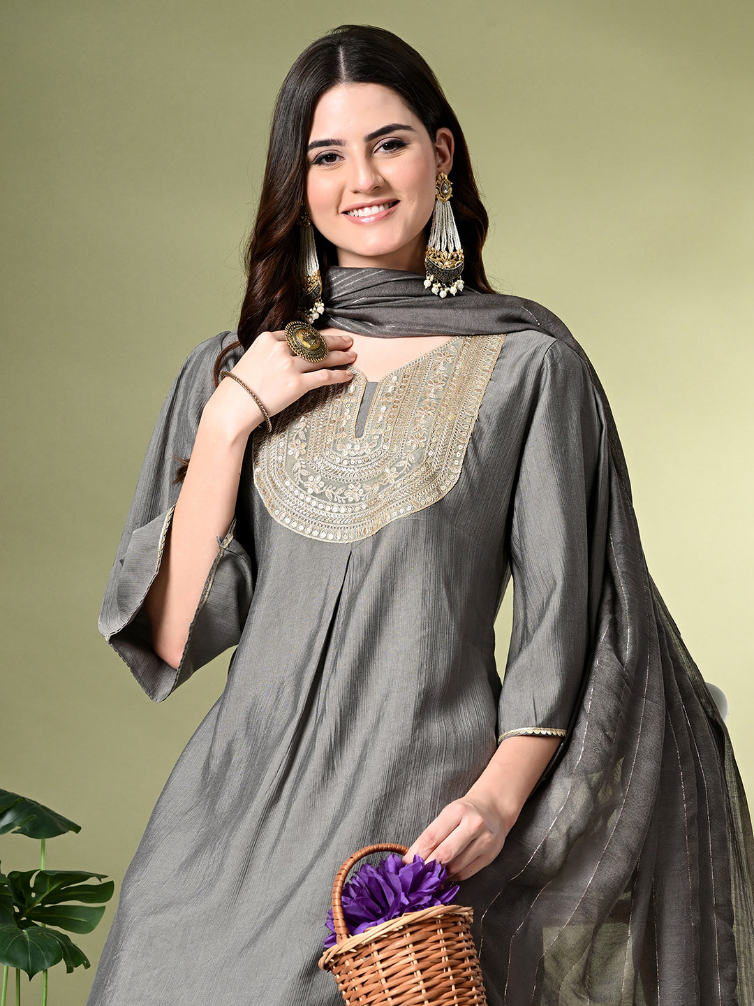 Myshka Women's Embroidered V-Neck Bell Sleeves Kurta & Dhoti Pants With Dupatta Sets in Grey Color
