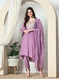 Myshka Women's Embroidered V-Neck Bell Sleeves Kurta & Dhoti Pants With Dupatta Sets in Lavender Color