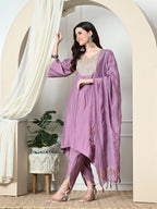 Myshka Women's Embroidered V-Neck Bell Sleeves Kurta & Dhoti Pants With Dupatta Sets in Lavender Color