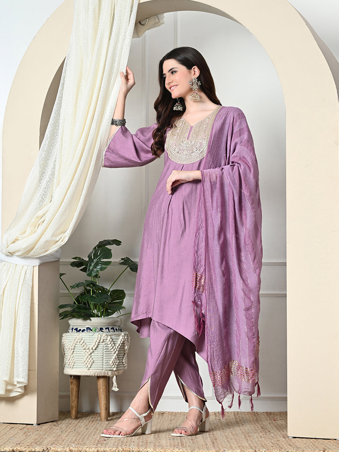 Myshka Women's Embroidered V-Neck Bell Sleeves Kurta & Dhoti Pants With Dupatta Sets in Lavender Color