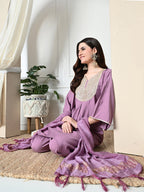 Myshka Women's Embroidered V-Neck Bell Sleeves Kurta & Dhoti Pants With Dupatta Sets in Lavender Color
