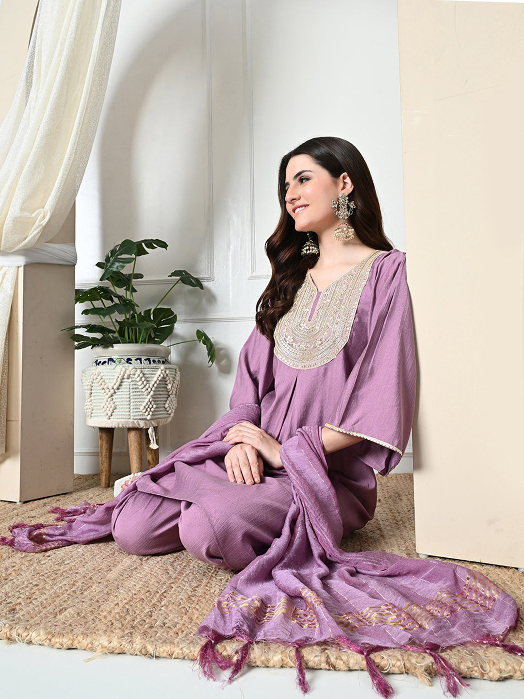 Myshka Women's Embroidered V-Neck Bell Sleeves Kurta & Dhoti Pants With Dupatta Sets in Lavender Color