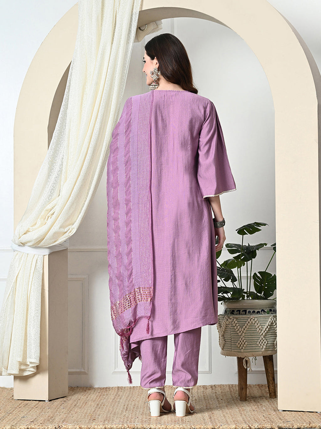 Myshka Women's Embroidered V-Neck Bell Sleeves Kurta & Dhoti Pants With Dupatta Sets in Lavender Color