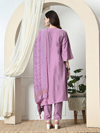 Myshka Women's Embroidered V-Neck Bell Sleeves Kurta & Dhoti Pants With Dupatta Sets in Lavender Color