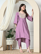 Myshka Women's Embroidered V-Neck Bell Sleeves Kurta & Dhoti Pants With Dupatta Sets in Lavender Color