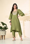 Myshka Women's Embroidered V-Neck Bell Sleeves Kurta & Dhoti Pants With Dupatta Sets in Green Color