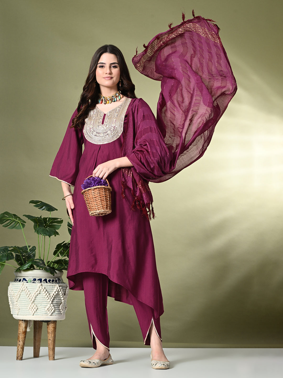 Myshka Women's Embroidered V-Neck Bell Sleeves Kurta & Dhoti Pants With Dupatta Sets in Magenta Color