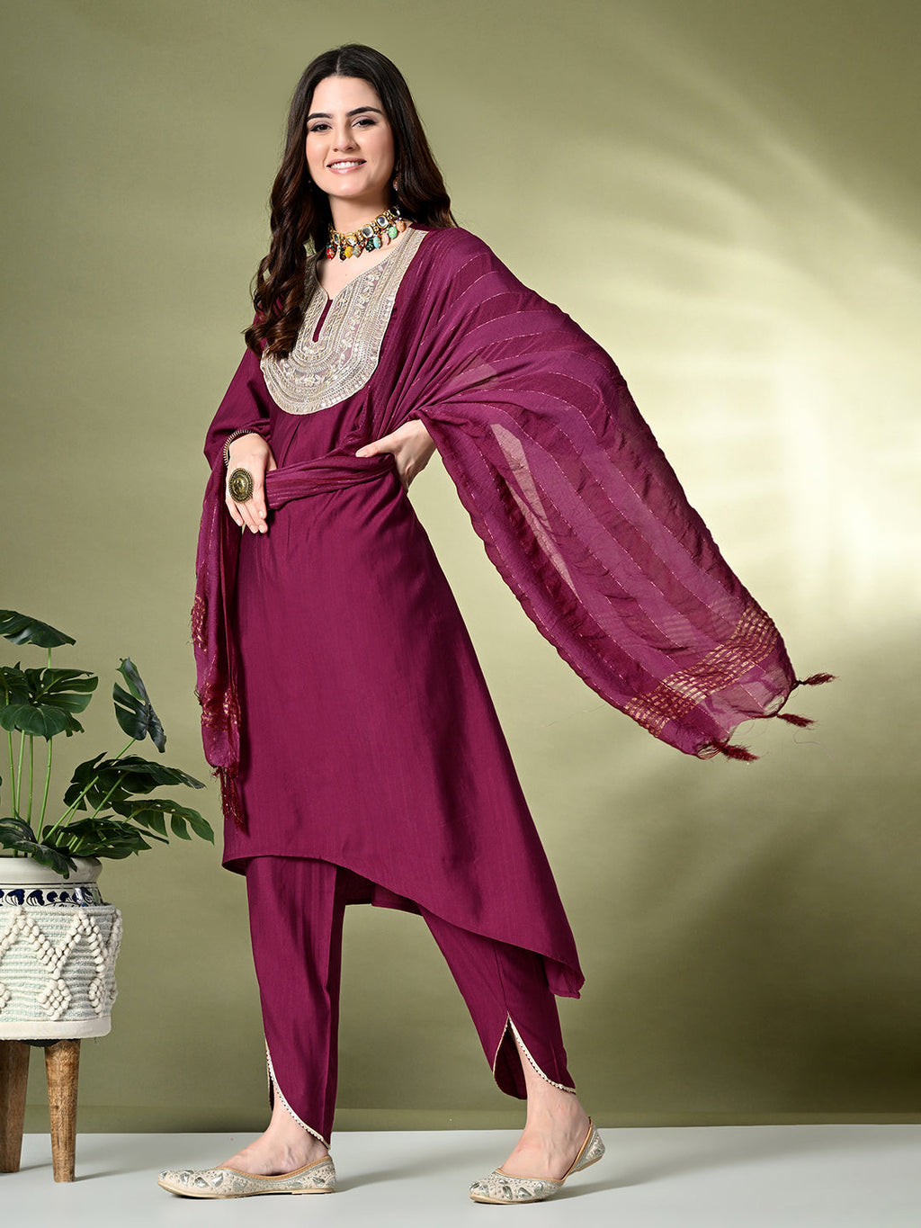Myshka Women's Embroidered V-Neck Bell Sleeves Kurta & Dhoti Pants With Dupatta Sets in Magenta Color