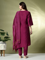 Myshka Women's Embroidered V-Neck Bell Sleeves Kurta & Dhoti Pants With Dupatta Sets in Magenta Color