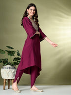 Myshka Women's Embroidered V-Neck Bell Sleeves Kurta & Dhoti Pants With Dupatta Sets in Magenta Color