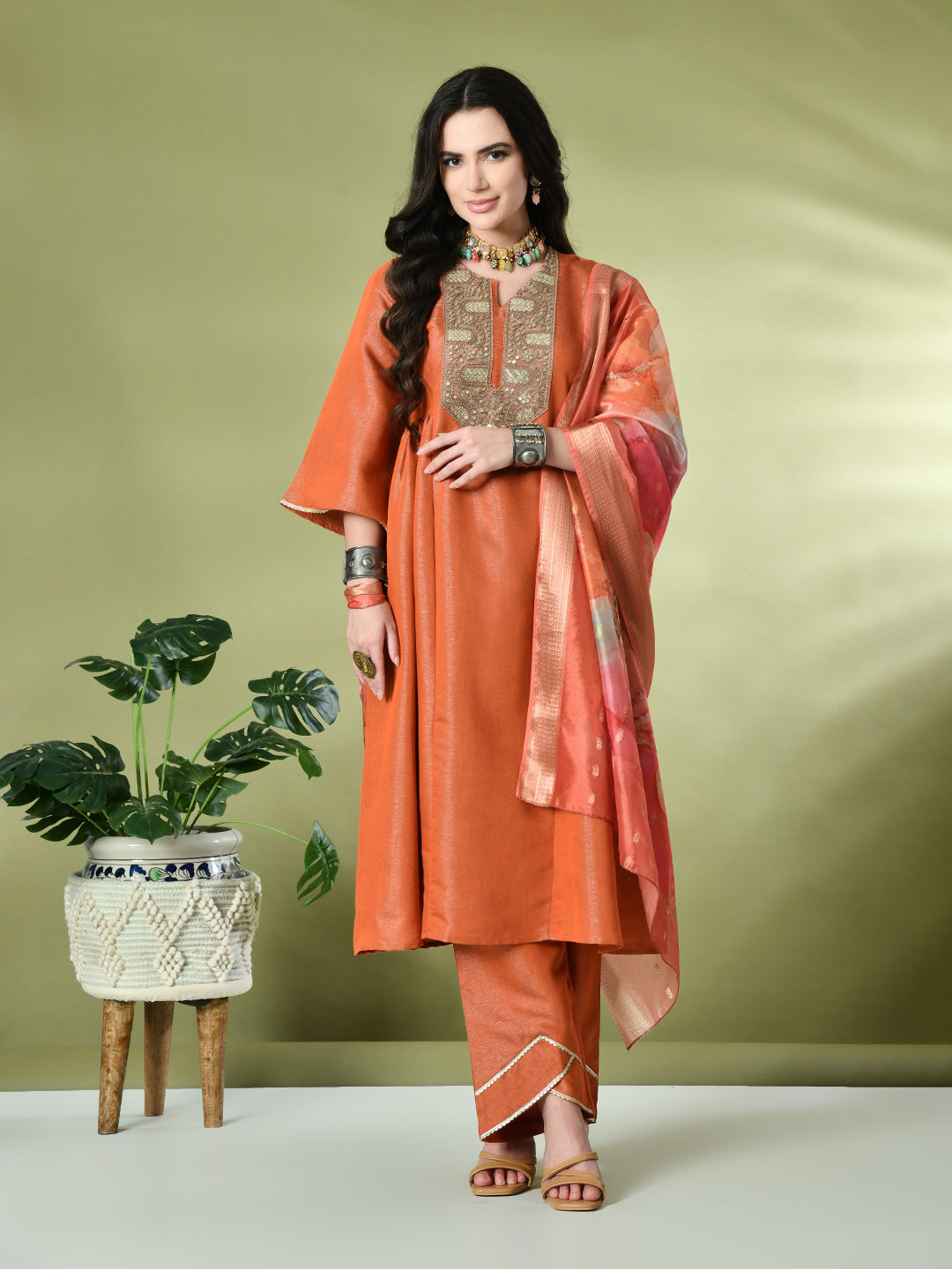 Myshka Women's Embroidered Keyhole Neck Bell Sleeves Kurta & Palazzos With Dupatta Sets in Orange Color