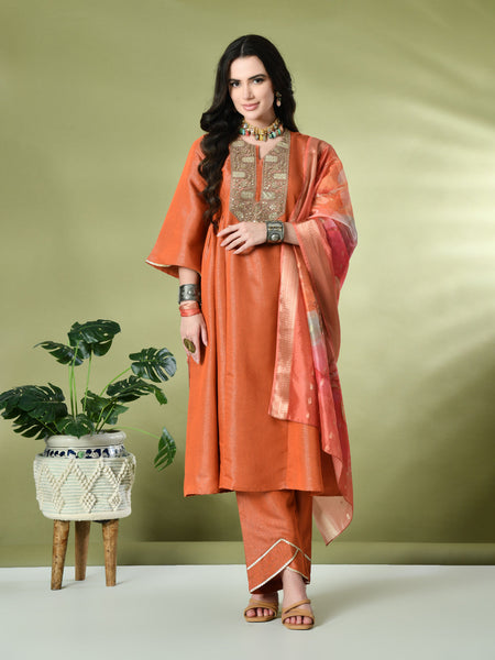 Myshka Women's Embroidered Keyhole Neck Bell Sleeves Kurta & Palazzos With Dupatta Sets in Orange Color