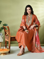 Myshka Women's Embroidered Keyhole Neck Bell Sleeves Kurta & Palazzos With Dupatta Sets in Orange Color