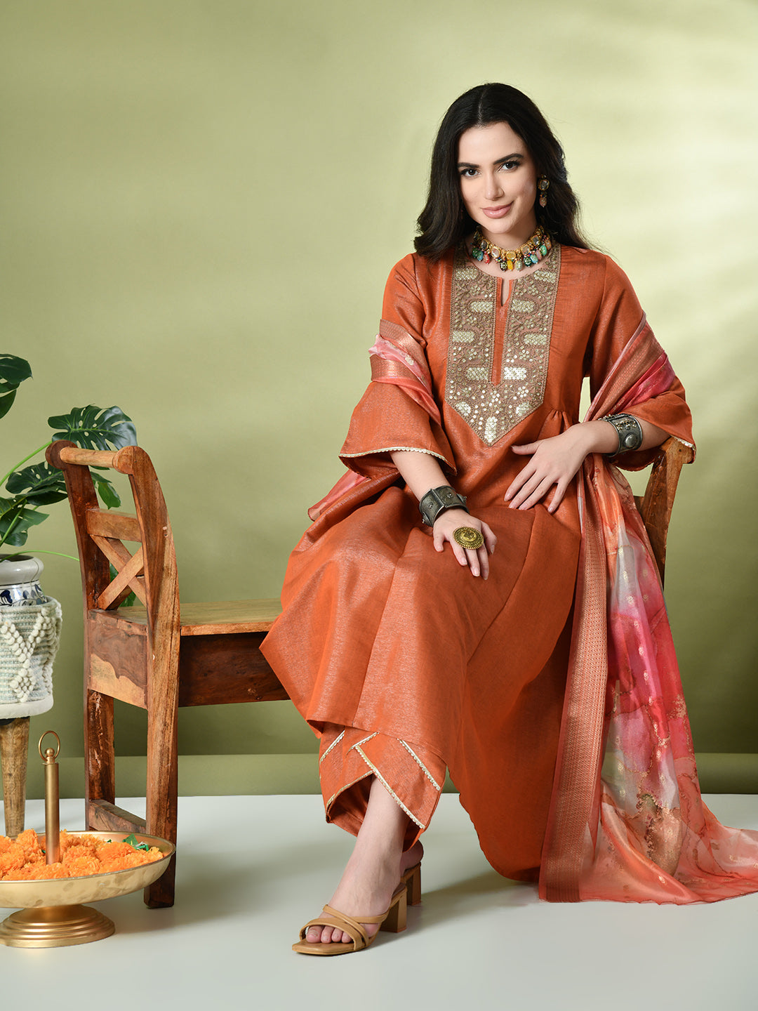 Myshka Women's Embroidered Keyhole Neck Bell Sleeves Kurta & Palazzos With Dupatta Sets in Orange Color