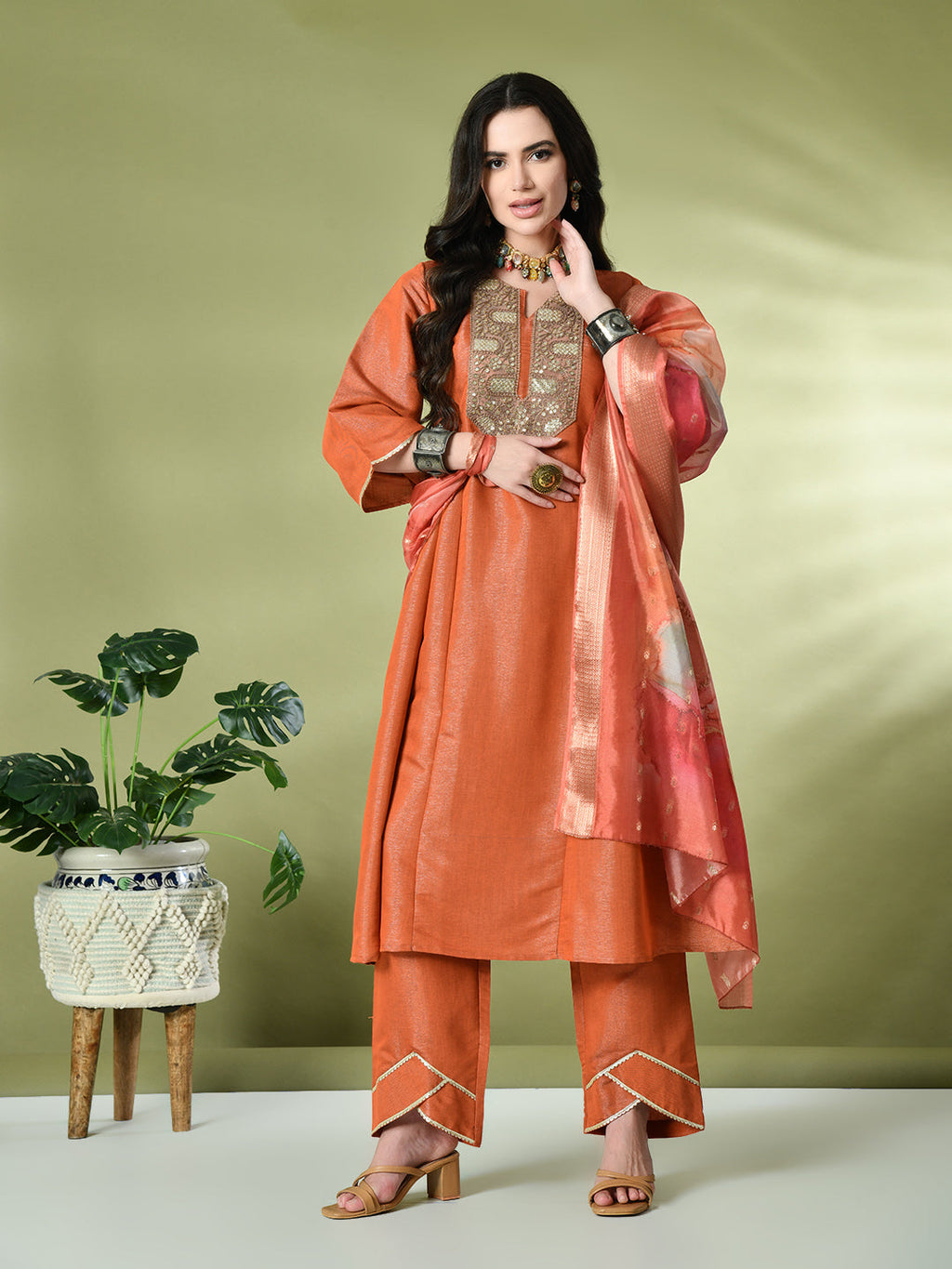 Myshka Women's Embroidered Keyhole Neck Bell Sleeves Kurta & Palazzos With Dupatta Sets in Orange Color