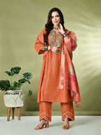 Myshka Women's Embroidered Keyhole Neck Bell Sleeves Kurta & Palazzos With Dupatta Sets in Orange Color