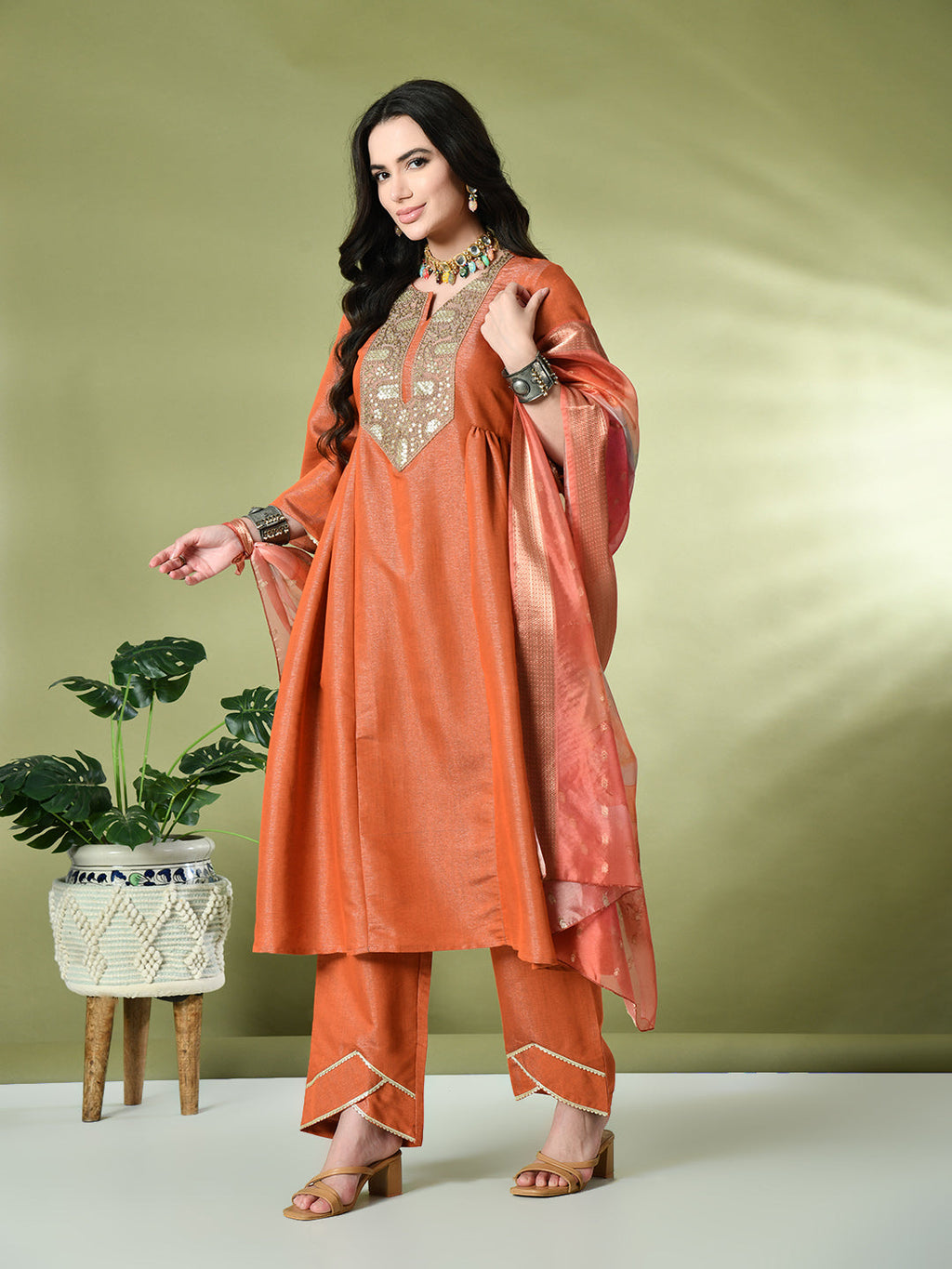 Myshka Women's Embroidered Keyhole Neck Bell Sleeves Kurta & Palazzos With Dupatta Sets in Orange Color