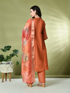 Myshka Women's Embroidered Keyhole Neck Bell Sleeves Kurta & Palazzos With Dupatta Sets in Orange Color