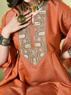 Myshka Women's Embroidered Keyhole Neck Bell Sleeves Kurta & Palazzos With Dupatta Sets in Orange Color