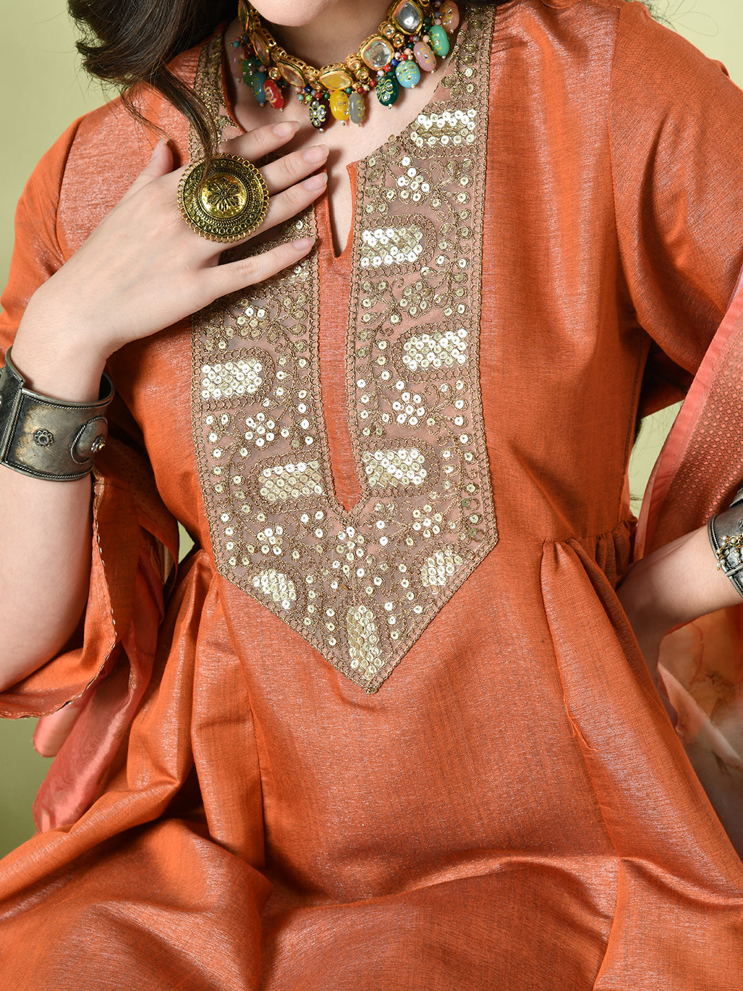 Myshka Women's Embroidered Keyhole Neck Bell Sleeves Kurta & Palazzos With Dupatta Sets in Orange Color