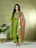 Myshka Women's Embroidered Keyhole Neck Bell Sleeves Kurta & Palazzos With Dupatta Sets in Green Color
